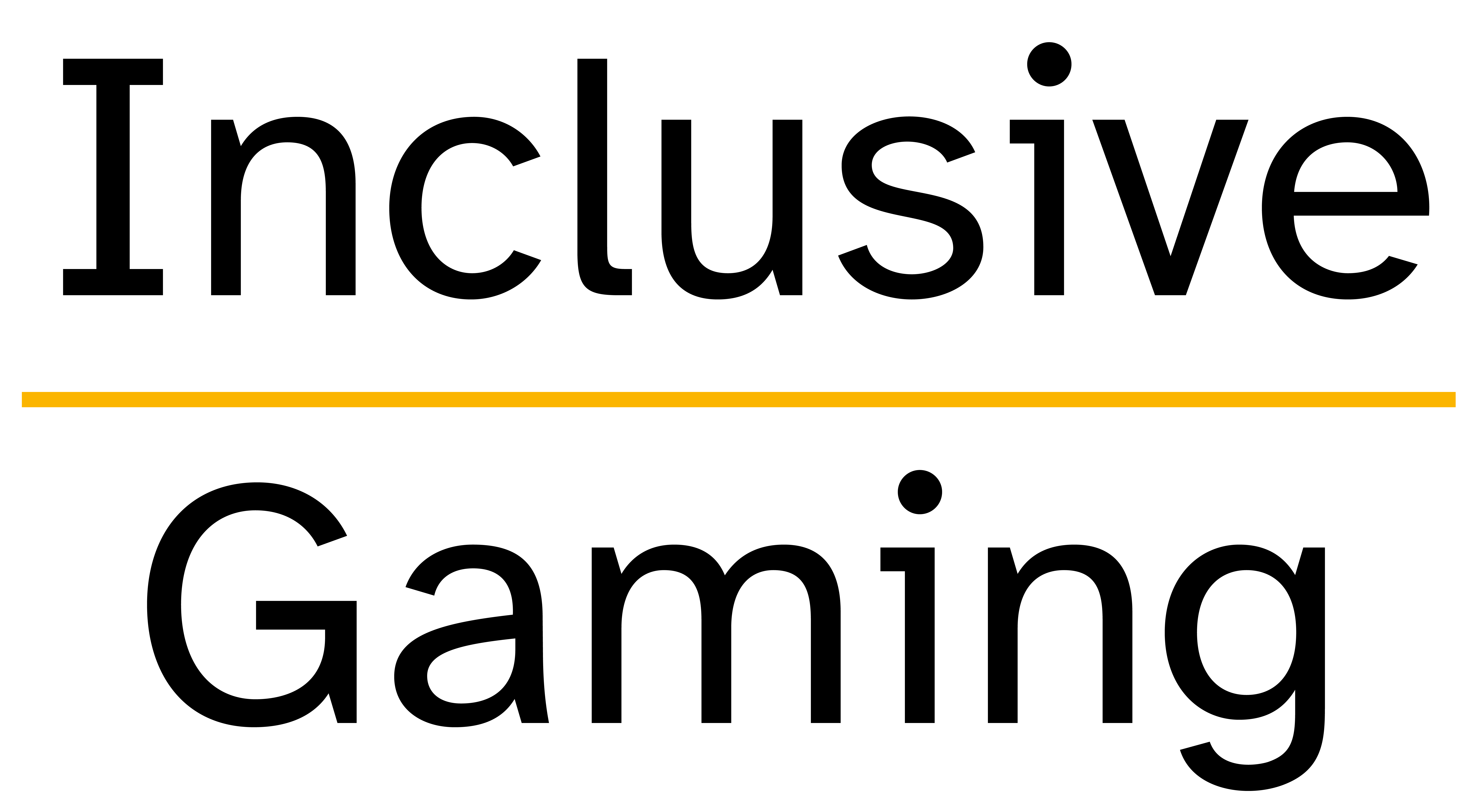 Logo of Inclusive Gaming GmbH in black lettering. Inlcusive Gaming is written one below the other and separated by an orange bar