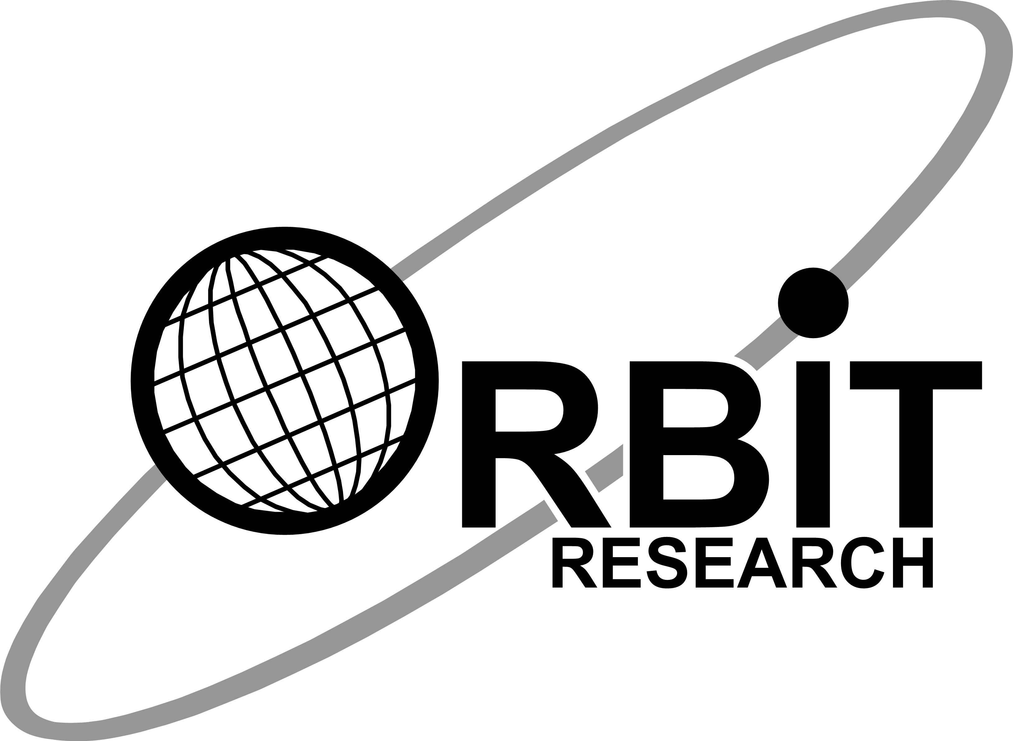 Orbit Research logo, showing a globe with a moon in orbit around it.  The globe forms the "O" in "Orbit" and the moon forms the dot in the "i" in Orbit.  The orbital path is shown as an inclined ellip