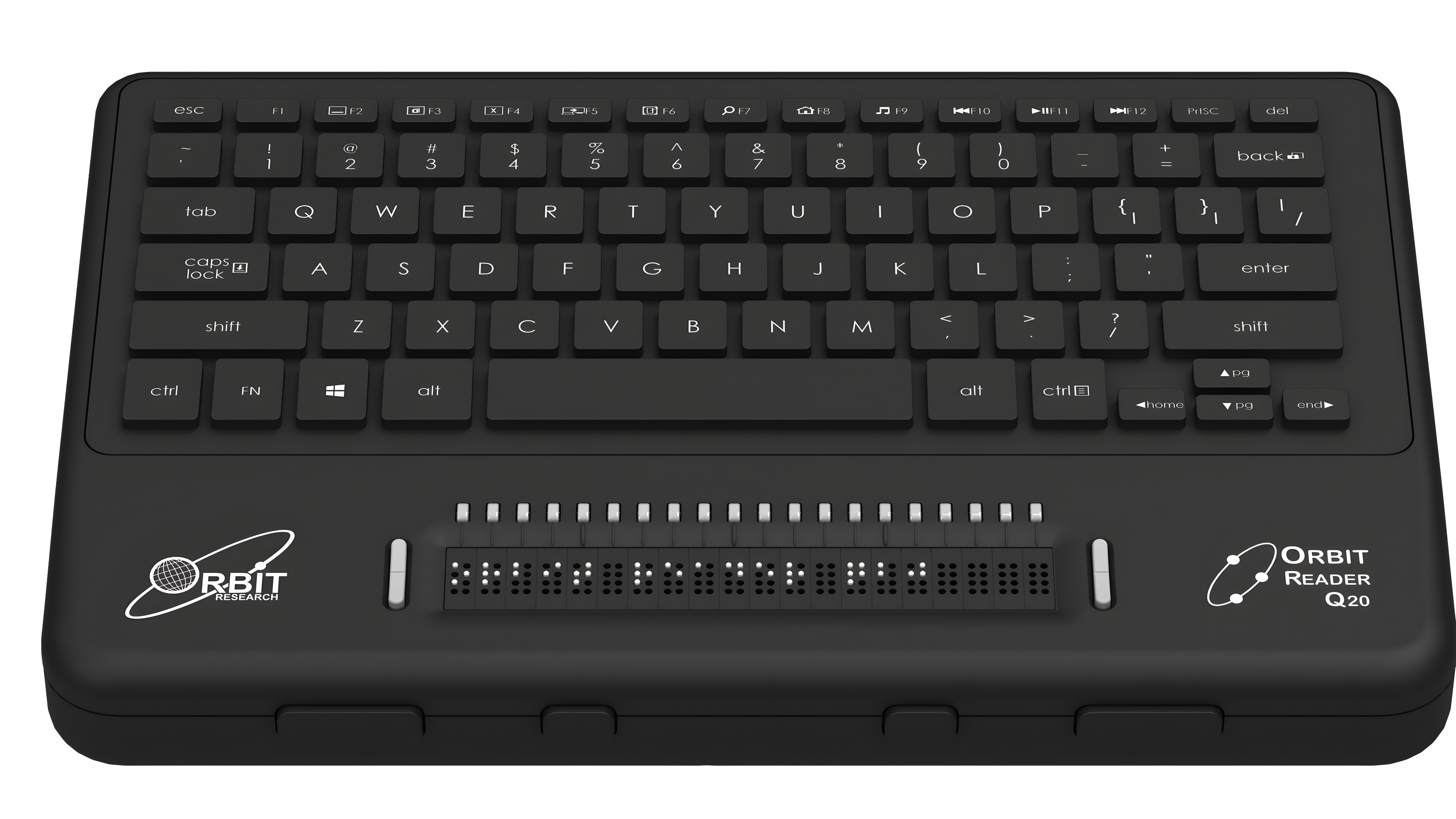 Photo showing an angled perspective view of the Orbit Reader Q20 Refreshable 20-cell Braille Display with an integrated QWERTY keyboard.  Shows the words "Orbit Reader Q20" in braille on the braille d