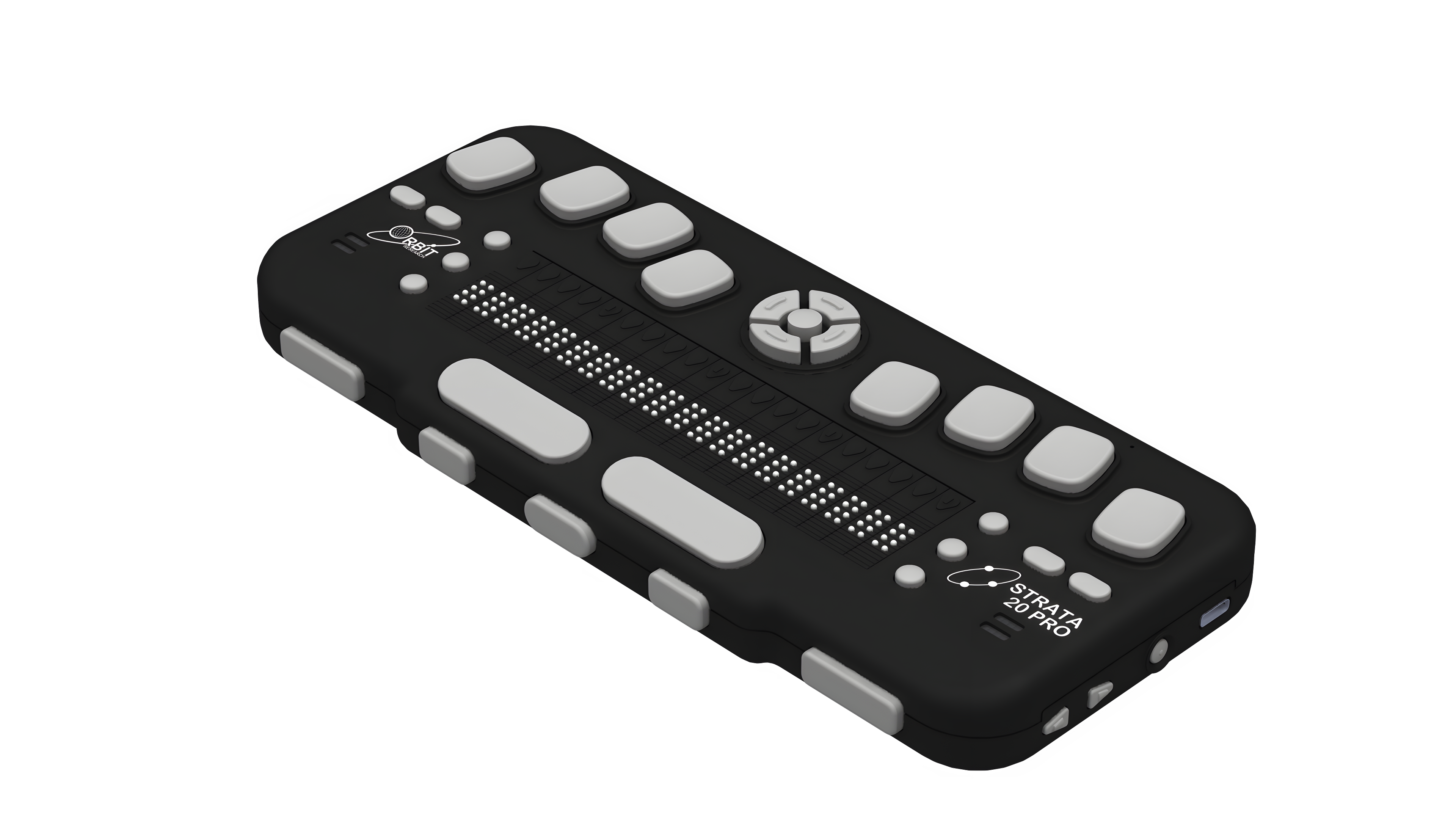 Photo showing an angled perspective view of the Strata 20 Pro Braille Display.    The picture shows the braille cells on top of the unit, along with cursor routing buttons and six panning keys at each