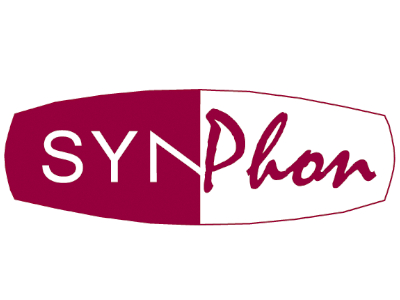 The logo of SynPhon GmbH is a word mark on a stylized, two-part control switch colored white and eggplant colored